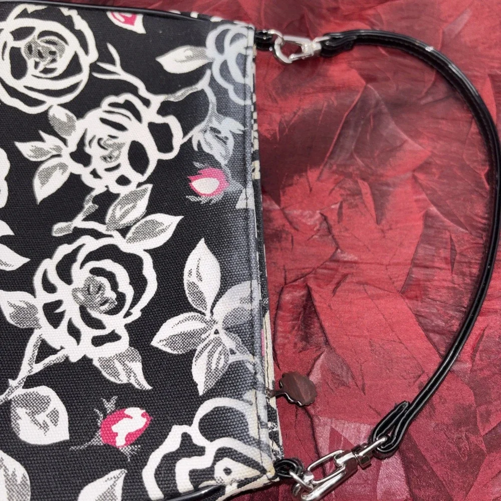 Vintage Lulu Guinness Black White Pink Rosebud Print Baguette Style Handbag  EUC